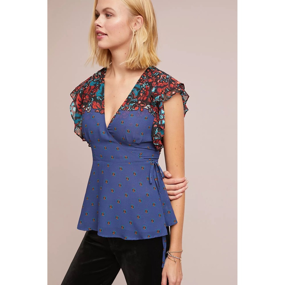 Meadow Rue Anthropologie Blue Bastide Short Flutter Sleeves Floral Wrap Top 2